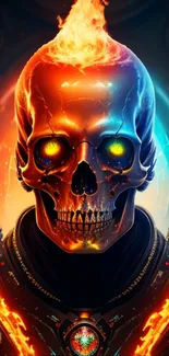 Fiery skull with glowing eyes and flames, vibrant digital artwork.