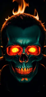 Digital art of a fiery skull with glowing eyes and dark background.