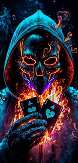 Fiery skull with glowing cards in a digital art style on a mobile wallpaper.