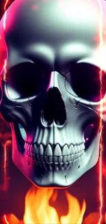 A metallic skull with vibrant flames, digital art wallpaper.