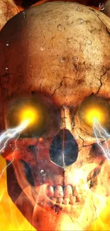 Dynamic skull with fiery eyes and electric burst on mobile wallpaper.