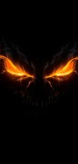 Mobile wallpaper with fiery skull and glowing orange eyes on a dark background.