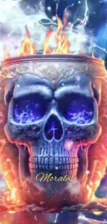 Fiery skull in fantasy art wallpaper with flames.