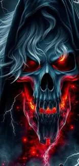 Fiery skull with lightning and hood in dark fantasy style.