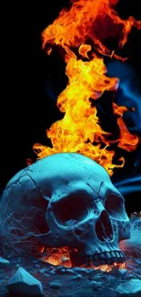 Fiery skull with blue flames in fantasy art wallpaper.