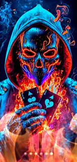 Fiery skull with neon glow holding cards in a dramatic fantasy art.