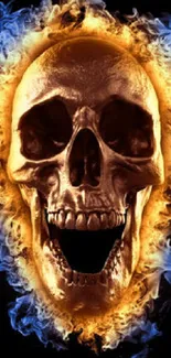 Fiery skull with blue flames and black background, digital art wallpaper.