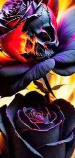 Fiery skull and rose artwork in vibrant colors.