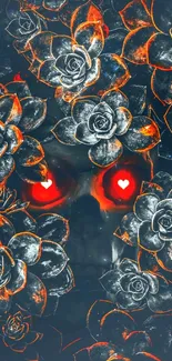 Wallpaper featuring skull with red eyes and grayscale flowers.