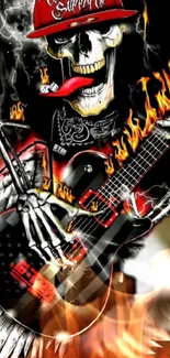 Skull playing guitar with flames on dark background.