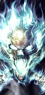 Blue fiery skull with guitars and flames wallpaper.