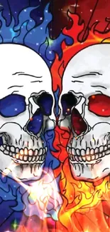 Heart-shaped skulls with blue and red flames in a vibrant mobile wallpaper.