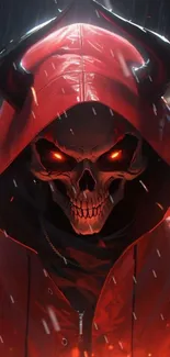 Fiery skull in a red hooded cloak with glowing eyes on a phone wallpaper.