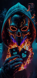Fiery skull hoodie art with flames and cards.