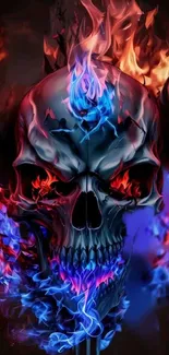 Vibrant skull wallpaper with blue and red flames, perfect for mobile screens.