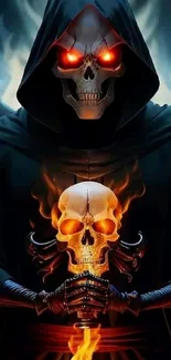 Dark hooded figure with fiery skull and flames mobile wallpaper.