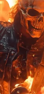 Skull in a leather jacket surrounded by flames.
