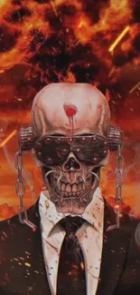 Fiery skull wearing a suit with an explosive background.