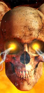 A fiery skull with glowing eyes and lightning creates an intense mobile wallpaper.