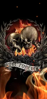 Fiery skulls with roses and love forever banner wallpaper.