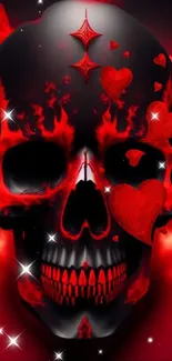 Fiery skull with red hearts and flames on a dark background.