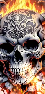 Intricate skull with flames and tattoos.