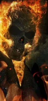 Skull engulfed in fiery flames, set against a dark background.