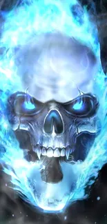 A skull engulfed in blue flames for a dramatic mobile wallpaper.