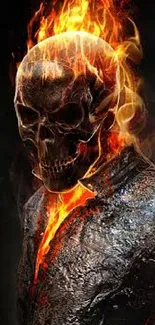 Fiery skull with flames on a mobile wallpaper background.