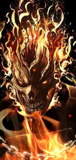 Fiery skull with flames and chains in a dark background.