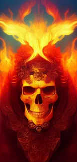 Fiery skull with flames in vivid colors, perfect for mobile wallpaper.