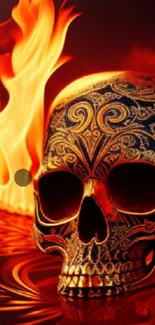 Intricate fiery skull with vibrant flames, ideal for bold mobile wallpaper.