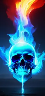 Blue fiery skull with orange flames on a mobile wallpaper.