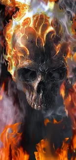 Fiery skull with flames on mobile wallpaper, vivid fiery visuals.