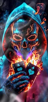 Fiery skull with playing cards in blue hoodie, digital artwork.