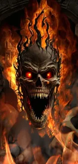 Skull with red eyes engulfed in flames on a mobile wallpaper.