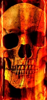 Fiery skull wallpaper with orange flames and a dark background.