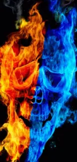 Fiery skull with blue and orange flames on black background.