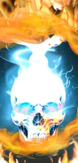 A glowing skull surrounded by orange flames and electric blue light.