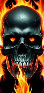 Fiery skull with blazing flames and dark shadows, perfect for mobile wallpaper.