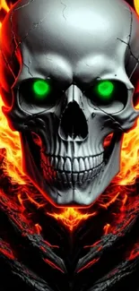 Image of a skull with green eyes and fiery orange-red flames.