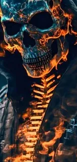 Fiery skull with flames and hood in mobile wallpaper design.