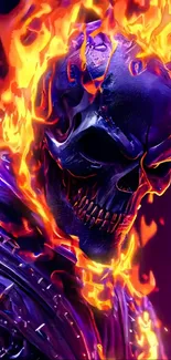 Fiery skull with vibrant orange flames and purple accents for mobile wallpaper.