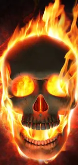 Fiery skull with flames on dark background wallpaper.