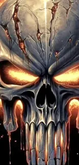 Fiery skull wallpaper with intense orange and black tones, perfect for mobile screens.