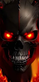 Fiery skull with glowing red eyes mobile wallpaper.