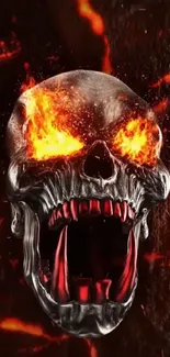 Fiery skull with blazing eyes and dark background.