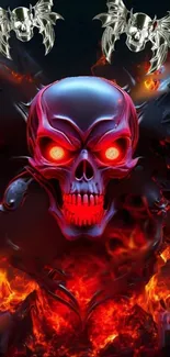 Fiery skull with glowing eyes on dark background, surrounded by flames.