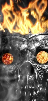 Fiery skull wallpaper with glowing eyes and smoke effects.