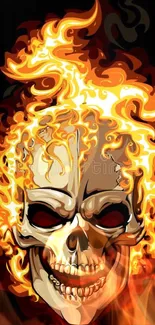 Fiery skull with intense flames on a black background for mobile wallpaper.